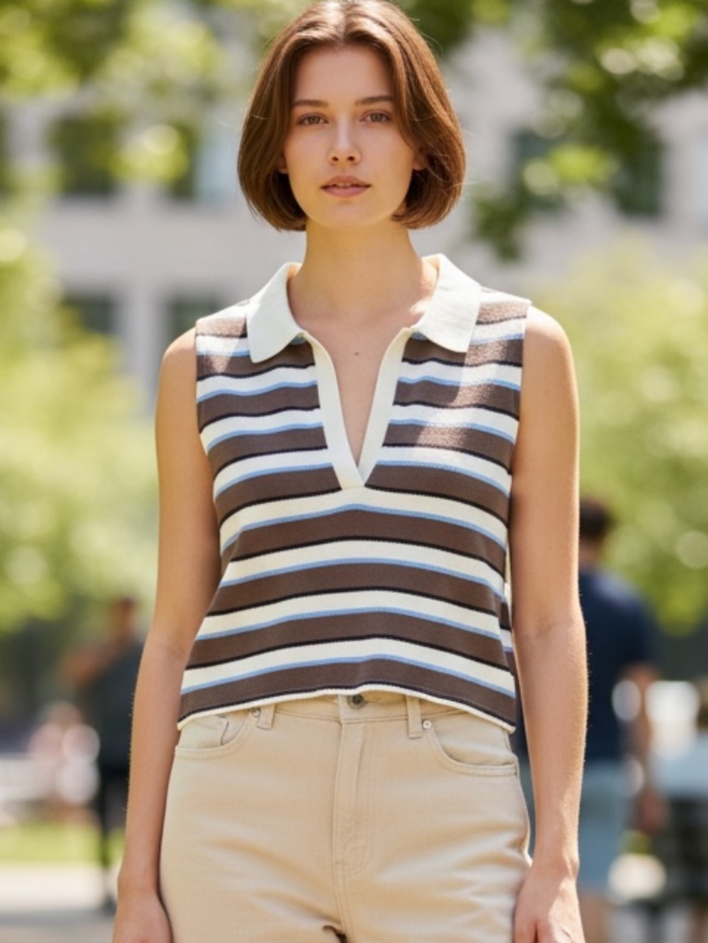 Caroline Constas Brown Multi Stripe Knit Collared Sleeveless Polo Crop Top SZ L
